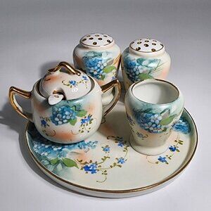 TT Takito Co Condiment Set Japan Hand Painted Cream Sugar Salt Pepper Tray
